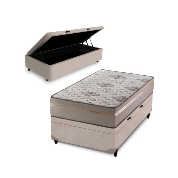 Cama Box Baú Solteiro + Colchão D33 Millenium One Face Bege 88x188x61cm – Suporta até 120Kg Por Pessoa