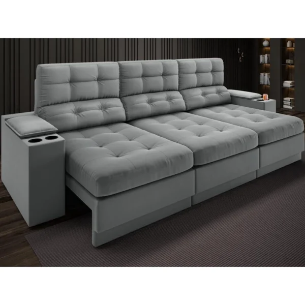 Sofá com Porta Copos e Carregador USB Eureka 2,30m Assento Retrátil e Reclinável Velosuede Grafite – netsofas