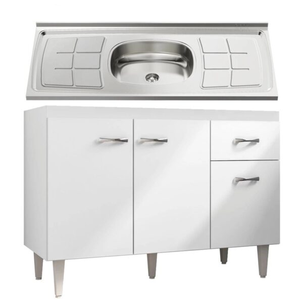 Balcão Gabinete Gabriela com Pia Inox 120cm 3 Portas Branco/Preto – ajl Móveis