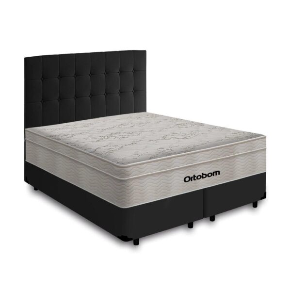 Box + Cabeceira Cassis e Colchão Queen- Ortobom- AirTech SpringPocket- 158x198x65cm Preto