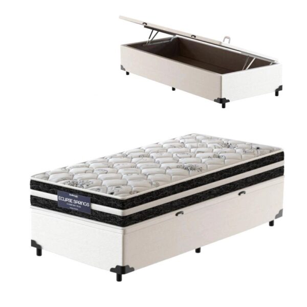 Cama Box Baú Solteiro King Branca + Colchão de Molas Ensacadas – Probel Eclipse Springs 96x203x62cm