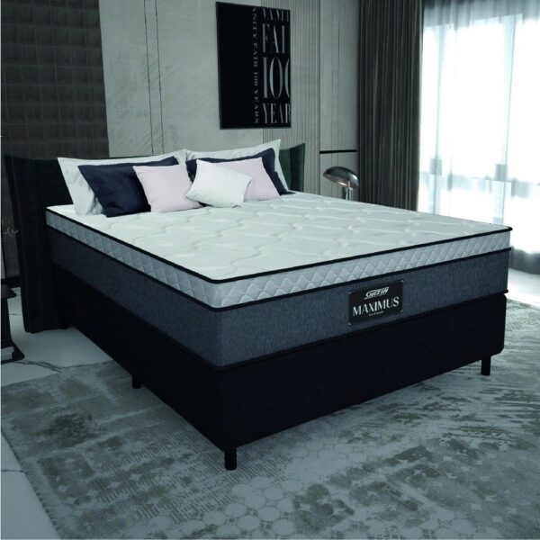 Cama Box Casal Queen Colchão Molas Ensacadas Pillow Top Maximus 158x198x67cm Cinza / Preto Gazin – Suporta até 120Kg por Pessoa