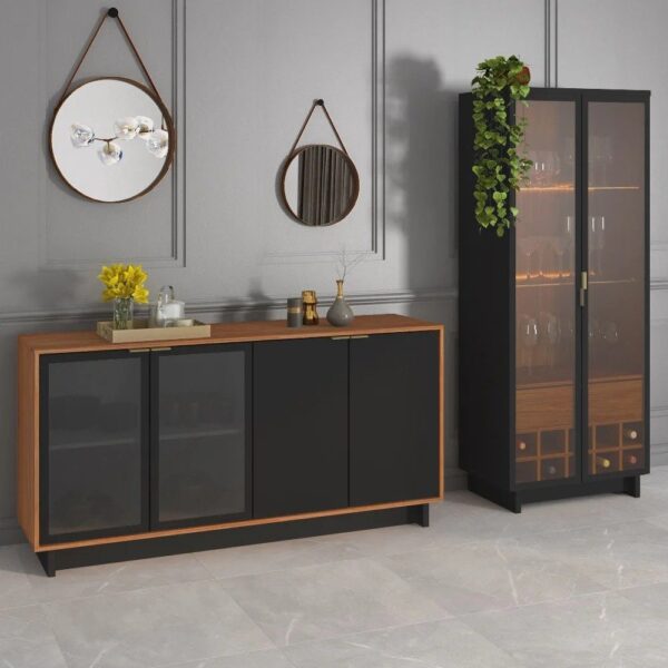 Conjunto Decorativo Cristaleira com Led e Buffet Aparador 160cm TenerifeGunga Preto FoscoNoce G73 – Gran Belo