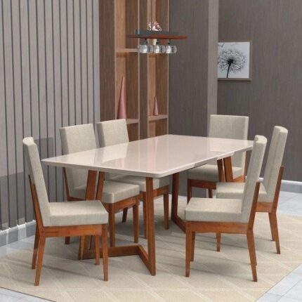 Conjunto Mesa com Vidro Pés Madeira Maciça 6 Cadeiras Madeira Dakota Tecido A40 Móveis