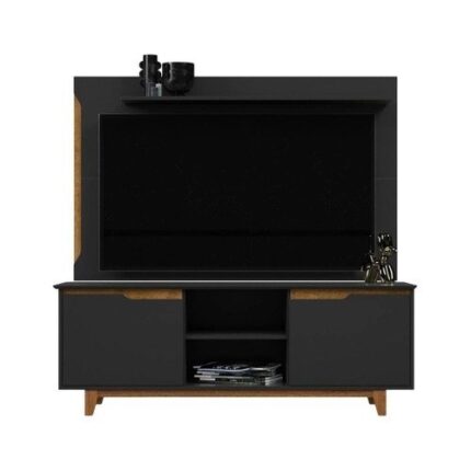 Conjunto Rack Bancada para Sala de Estar com 2 Portas e 1 Nicho Com Painel Parede Home Estante Aéreo Embutido para Tv 55 Polegadas Flow ej – Preto